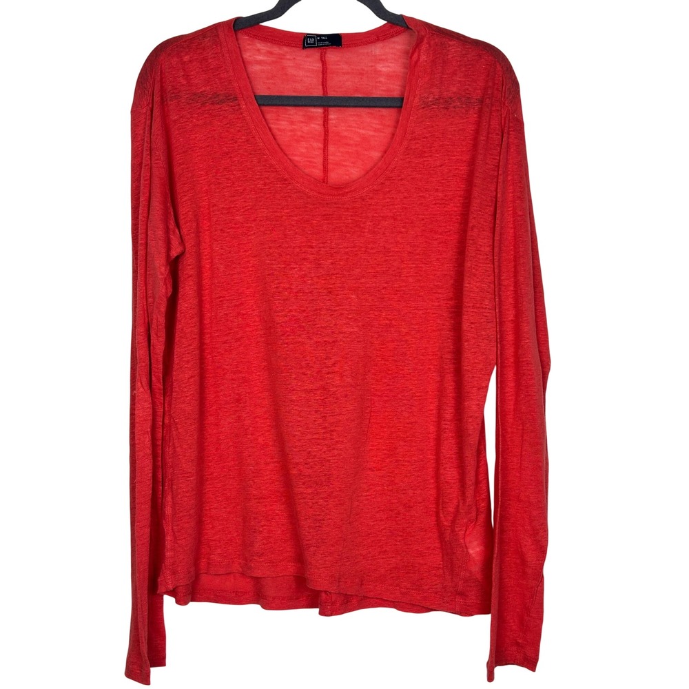 GAP Womens Red 100% Linen Long Sleeve Scoop Neck Slub Tee Shirt Size M Tall